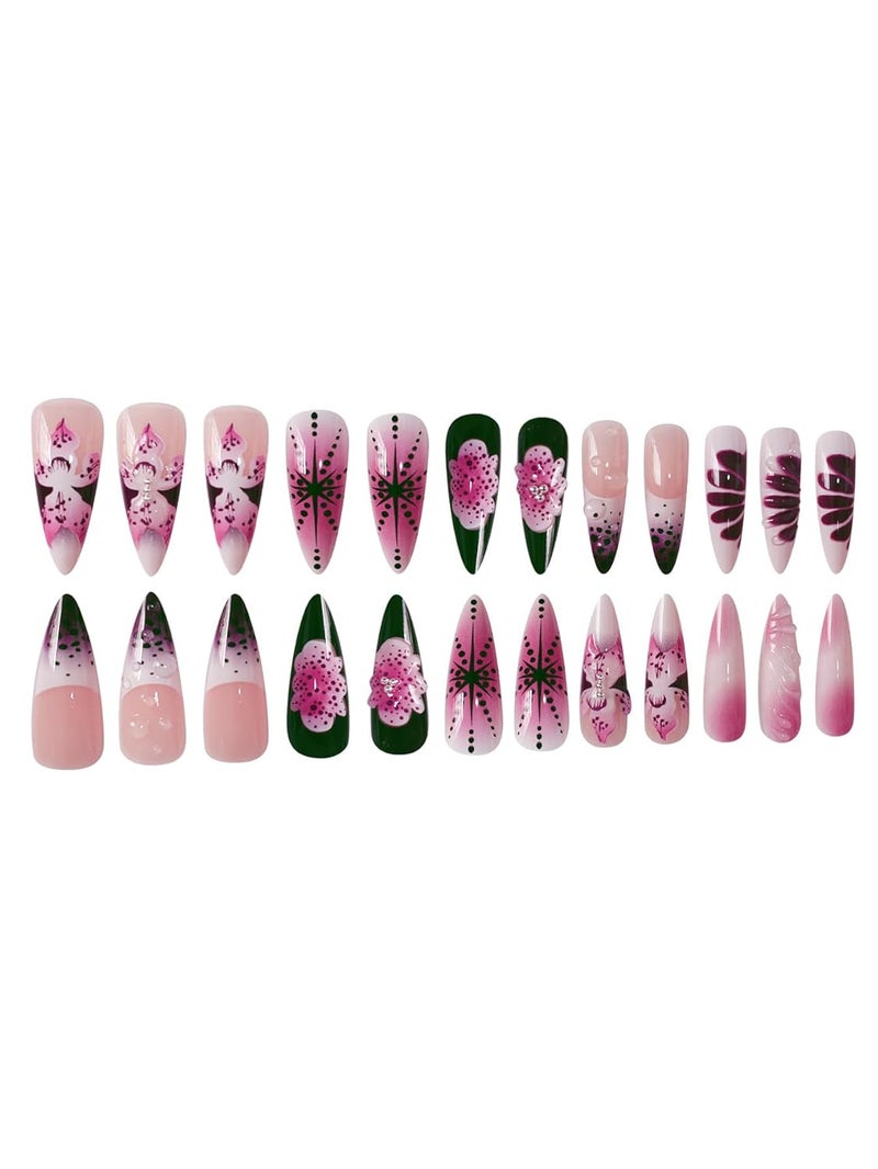 SEENEEY Long Press on Nails Almond Fake Nails Purple French Artificial Nail with 3D Flowers Designs Glitter Summer and Fall Cute Stick on Nail for Women 24pcs - Image 4